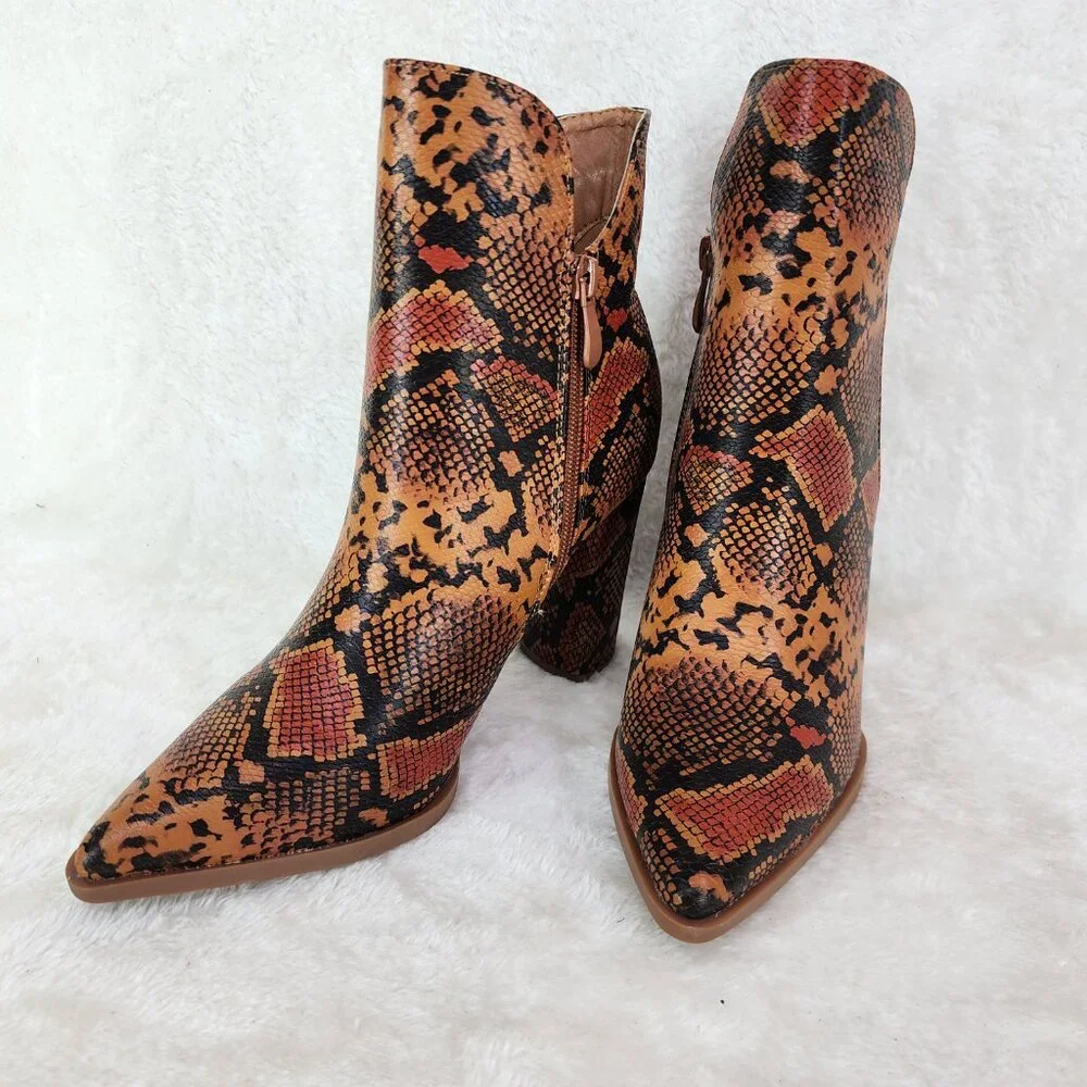 Brown Snake Print 3" Chunky Heel Ankle boots - Picture 5 of 8